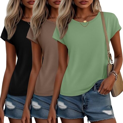 Huukaey 3 Pack Women's Cap Sleeve Tops Basic Cotton Tee Tee Stirts Summer Crew Crew Neck Strendy Complements 2025 Fashion in Kuwait
