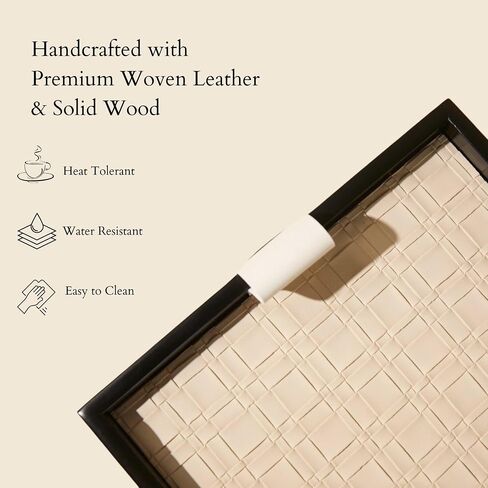 Modern Luxury Woven Leather and Wooden Rectangle Tray - Jewelry, Vanity, Decorative, Catchall, Serving Tray for All Occasions (Beige, Large) in Saudi Arabia