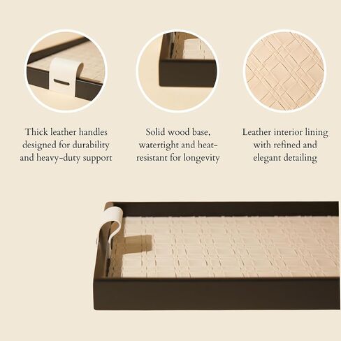 Modern Luxury Woven Leather and Wooden Rectangle Tray - Jewelry, Vanity, Decorative, Catchall, Serving Tray for All Occasions (Beige, Large) in Saudi Arabia