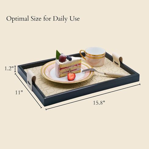 Modern Luxury Woven Leather and Wooden Rectangle Tray - Jewelry, Vanity, Decorative, Catchall, Serving Tray for All Occasions (Beige, Large) in Saudi Arabia
