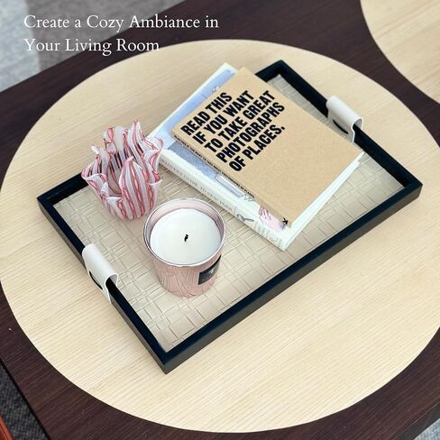 Modern Luxury Woven Leather and Wooden Rectangle Tray - Jewelry, Vanity, Decorative, Catchall, Serving Tray for All Occasions (Beige, Large) in Saudi Arabia