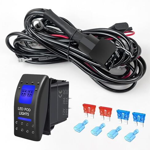 FXC LED Light Bar Wiring Harness Kit 16 AWG Heavy Duty 12V 5Pin Rocker Laser On Off Waterproof Switch Power 40A Relay Blade Fuse-2 Lead for Cars Boat ATV Truck (LED POD Lights) in Kuwait