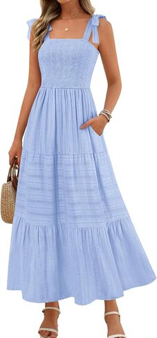 MEROKEETY Women's Summer Boho Maxi Dress Beach Vacation Casual Smocked A Line Sundress with Pockets in Saudi Arabia