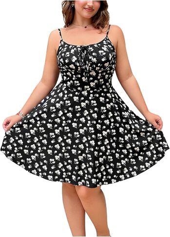 Verdusa Women's Plus Size Floral Boho Sundress Bow Tie Mini Cami Dress Holiday Flowy Dress in Kuwait