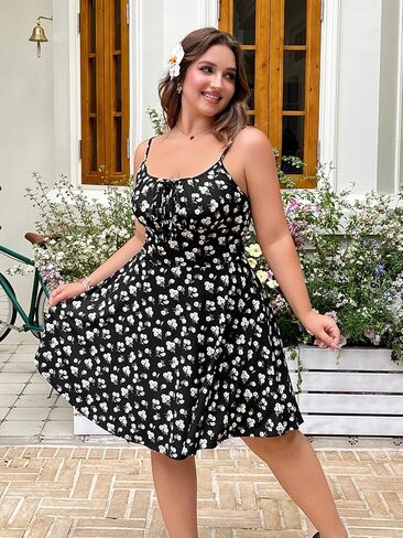 Verdusa Women's Plus Size Floral Boho Sundress Bow Tie Mini Cami Dress Holiday Flowy Dress in Kuwait