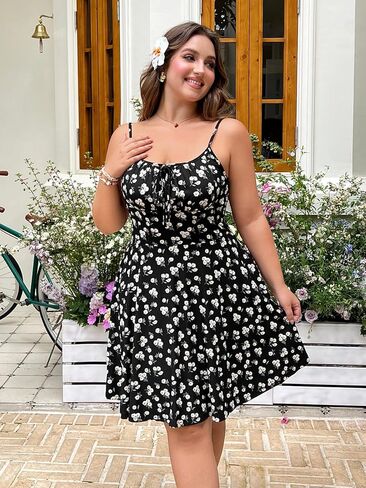 Verdusa Women's Plus Size Floral Boho Sundress Bow Tie Mini Cami Dress Holiday Flowy Dress in Kuwait