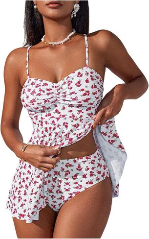 Verdusa Women's 2 Piece Floral Tankini Set Backless Swim Dress with High Waisted Bikini Bottoms in Kuwait