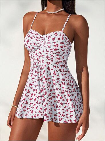 Verdusa Women's 2 Piece Floral Tankini Set Backless Swim Dress with High Waisted Bikini Bottoms in Kuwait