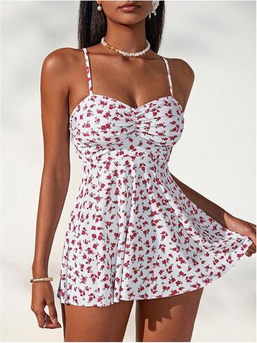 Verdusa Women's 2 Piece Floral Tankini Set Backless Swim Dress with High Waisted Bikini Bottoms in Kuwait