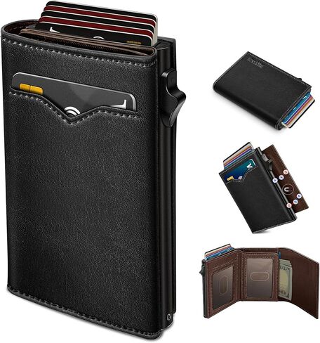 Wallet for Men,with Cash Pocket 2 ID Window 9-13 Cards,Metal Case Smart Slim Pop Up Credit Card Holder Flip with Magnetic Closure RFID Blocking Trifold wallet with Gift Box in Saudi Arabia