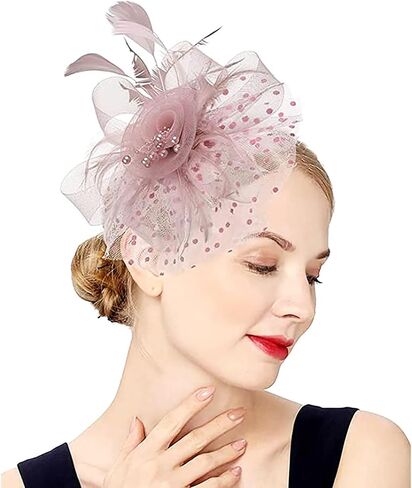 Women's Tea Party Fascinators Mesh Flower-Shaped Pearl Feather Veil Fascinator Hats with Headband and Clip in Saudi Arabia