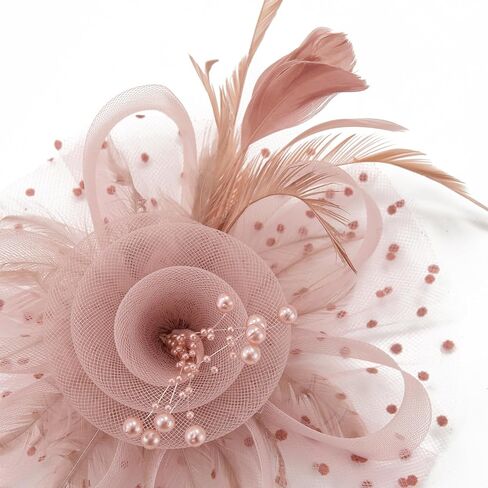 Women's Tea Party Fascinators Mesh Flower-Shaped Pearl Feather Veil Fascinator Hats with Headband and Clip in Saudi Arabia