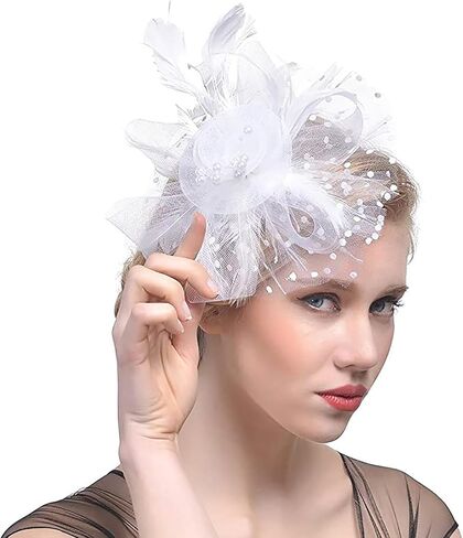 Women's Tea Party Fascinators Mesh Flower-Shaped Pearl Feather Veil Fascinator Hats with Headband and Clip in Saudi Arabia