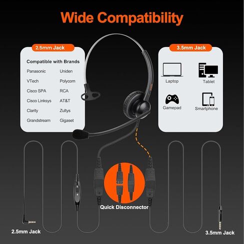 One Ear Wired Call Center Telephone Headset with 2.5mm Jack for Cisco SPA Polycom Pansonic, Office Landline Phone Headset with Noise Cancelling Microphone and 2.5mm/3.5mm Quick Disconnect Cable in Kuwait