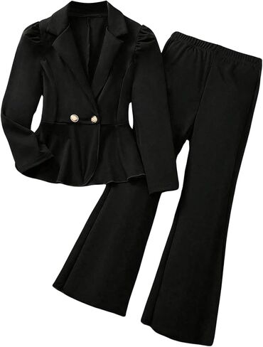 Oyoangle Girl's 2 Outfits Butting Button Butting Hull Hend Puff Long Sleeve Blazer and Flare Long Pants in Saudi Arabia