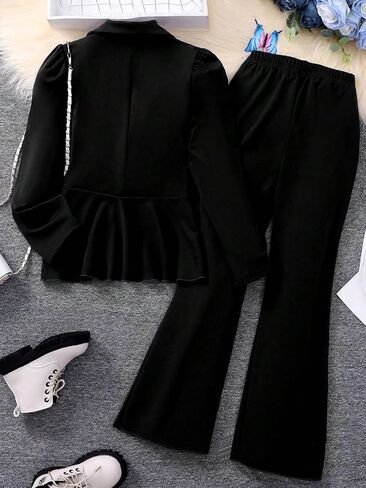 Oyoangle Girl's 2 Outfits Butting Button Butting Hull Hend Puff Long Sleeve Blazer and Flare Long Pants in Saudi Arabia