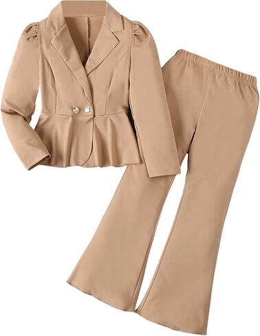 Oyoangle Girl's 2 Outfits Butting Button Butting Hull Hend Puff Long Sleeve Blazer and Flare Long Pants in Saudi Arabia
