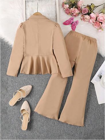 Oyoangle Girl's 2 Outfits Butting Button Butting Hull Hend Puff Long Sleeve Blazer and Flare Long Pants in Saudi Arabia