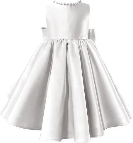 Satin Flower Girl Dresses for Wedding Pearls Bowknot Kids Sleeveless V-Back Princess Pageant Prom Short Ball Gowns in Kuwait