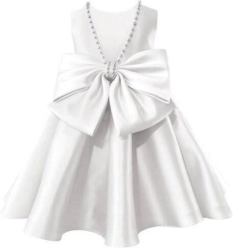 Satin Flower Girl Dresses for Wedding Pearls Bowknot Kids Sleeveless V-Back Princess Pageant Prom Short Ball Gowns in Kuwait