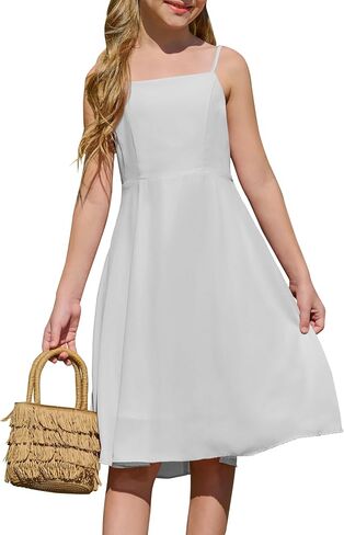 Yousify Girls 'Dress Square Neck Dium Summer Tie Back Spaghetti Straps Elegant Chiffon A-Line Party Dress 7-14 Years in Saudi Arabia
