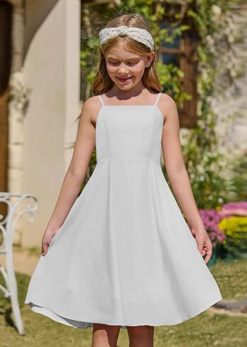 Yousify Girls 'Dress Square Neck Dium Summer Tie Back Spaghetti Straps Elegant Chiffon A-Line Party Dress 7-14 Years in Saudi Arabia