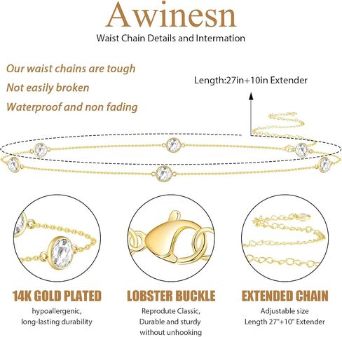 Waist Chain for Women, Birthstone Belly Chain Cubic Zirconia 14K Gold Plated Gold Beach Jewelry Non Tarnish Waterproof Sexy Bikini Summer Beach Adjustable Body Chains Jewelry for Her Gifts in Saudi Arabia