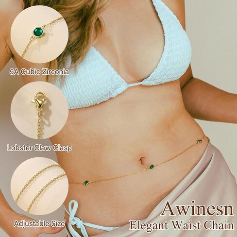 Waist Chain for Women, Birthstone Belly Chain Cubic Zirconia 14K Gold Plated Gold Beach Jewelry Non Tarnish Waterproof Sexy Bikini Summer Beach Adjustable Body Chains Jewelry for Her Gifts in Saudi Arabia