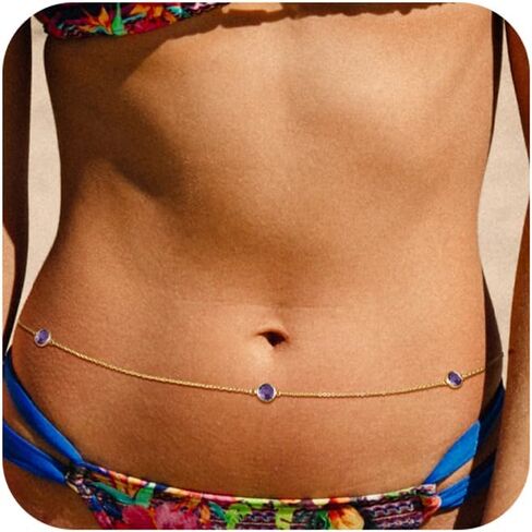 Waist Chain for Women, Birthstone Belly Chain Cubic Zirconia 14K Gold Plated Gold Beach Jewelry Non Tarnish Waterproof Sexy Bikini Summer Beach Adjustable Body Chains Jewelry for Her Gifts in Saudi Arabia