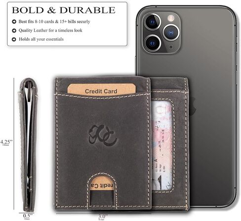 محفظة مقطع مقطع bifold ، جلد كامل الحبوب ، RFID محمية ، الجيب الأمامي الحد الأدنى (بني) in Kuwait