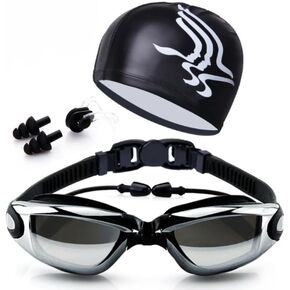4 in 1 Swimming Kit | Goggles - Cap - Earplugs - Nose clip | Comfortable Adjustable Anti Fog UV Protected lenses | For Adults or Kids Men or Women | No Leaking | Swim Pool Sea Gift Pack | Black