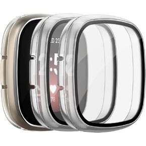 [عبوة من 3 قطع] واقي شاشة Mugust لـ Fitbit Sense/Versa 3 مع حافظة واقية تعمل باللمس من الزجاج المقوى عالي الدقة، غطاء صلب من البولي كربونات مع مصد تغطية كاملة للساعة الذكية Sense/Versa 3 (ذهبي وردي/أسود/شفاف) in Kuwait