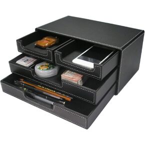 KINGFOM PU Leather Desk Organizer with 4 Drawers Small, Desktop Organizer Drawer for Office Supplies Accessories, Stationery Storage Box Bills Collection Holder Black