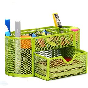 VANRA Metal Mesh Desk Supply Caddy Desktop Office Supplies Organizer Supply Holder 8 Compartments with Drawer (Green)