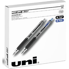 Uniball Signo 207 Retractable Gel Pens - Medium Point - 6 Black with 6 Blue Ink Pens (Total of 12 Pens)