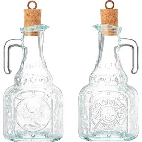 Bormioli Rocco Set Of 2 Country Home Helios Oil Bottle, 8-ounce With All Natural Cork Lid, Blue-green Tinted Star Glass, Elegant And Floral Design Made In Italy.