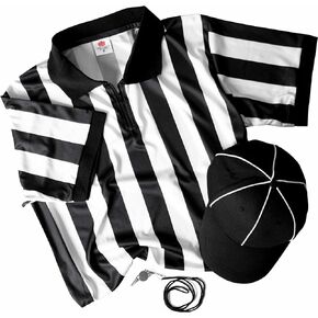 Referee Necessities Men's Bundle - Black & White Striped Official Jersey, Umpire Hat, & Stainless Steel Ref Pea Whistle with Lanyard - Pro/Amateur Team Sports Costume Apparel Kit for Men