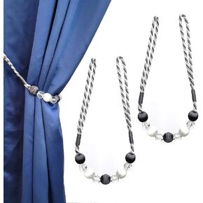 2 Pack Curtain Beaded Tassels Tiebacks Tie-Backs, Modern Simple Style Drape Tie Backs Curtain Holdbacks, Polyester Beaded Curtain Tieback Rope Tieback - Gray/White in Kuwait