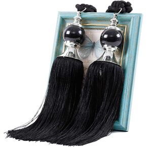 1Pair Curtain Tassel Tiebacks Crystal Beaded Fringe Ropes Holdbacks for Drapery Window Door Decorations (Black)