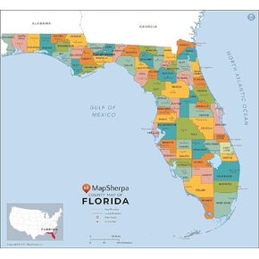 Florida Counties Map - Standard - 36" x 33.25" Laminated