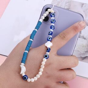 Y2k Phone Strap Charm, Clay Acrylic Beaded Cell Phone Lanyard Wrist Strap Handmade Moon Evil Eye Letter Pearl Phone Bracelet Colorful Rainbow Phone Chain Bracelet Keychain for for Women Girls