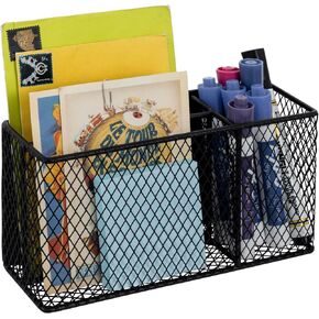 MyGift 3 Compartment Modern Magnetic Matte Black Metal Mesh White Board Supply Caddy, Locker Storage Basket and Office Stationery Organizer with Pen Cup