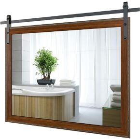 ROOMTEC Farmhouse Bathroom Mirror 51×35 inch Barn Door Mirror Rustic Wall Mirror Wood Frame Mirror for Bathroom, Entryway