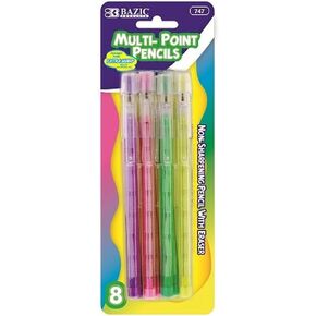 BAZIC Transparent Multi-Point Pencil. Non-Sharpening Pencil w/ Eraser (8/Pack)