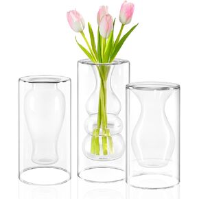 ZENS Modern Pink Glass Vase, Hand Blown Hollowed Out Bubble Decorative Glass Flower Vases for Wedding Decor Home Small Bouquet.