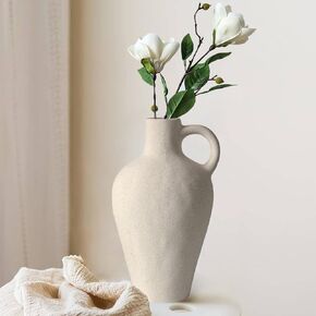 Unique Farmhouse Flower Vase Minimalist Decorative Ceramic Vases for Decor Home Aesthetic White Sand Glaze Finish Rustic Pottery Clay Terracotta Jug for Living Room Bathroom Table Fireplace Entryway