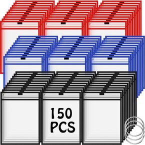 Teling 150 قطعة من جيوب الأكمام الجافة القابلة للمسح، حامل طلب العمل، حامل تذاكر المتجر، حافظة تذكرة العمل الواضحة، واقيات بلاستيكية للجيب للوازم المكتبية للفصول الدراسية للمعلم (متعددة الألوان، 10 × 14 بوصة)
