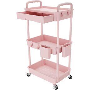 3 Tier Rolling Utility Cart with Drawer,Storage Cart,Rolling Cart for Kitchen,Bathroom,Living Room,Storage Organizer with Iron Wheels（Pink