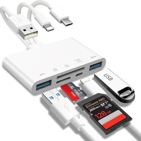 قارئ بطاقات 5 في 1، قارئ بطاقات الذاكرة، بطاقة SD، محول OTG لأجهزة i-Phone/i-Pad، USB C و2 USB A مع فتحات بطاقة Micro SD وSD، يدعم SD/Micro SD/SDHC/SDXC/MMC - أليف العالمية in Saudi Arabia
