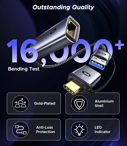محول USB إلى إيثرنت، محول USB إلى إيثرنت بسرعة 1 جيجابت في الثانية، [مطلي بالذهب] WARRKY 2 في 1 USB 3.0 ومحول USB-C إلى إيثرنت، متوافق مع Mac وiPad Pro وiPhone 15 وXPS وWindows وLinux وSwitch ، مي بوكس in Saudi Arabia